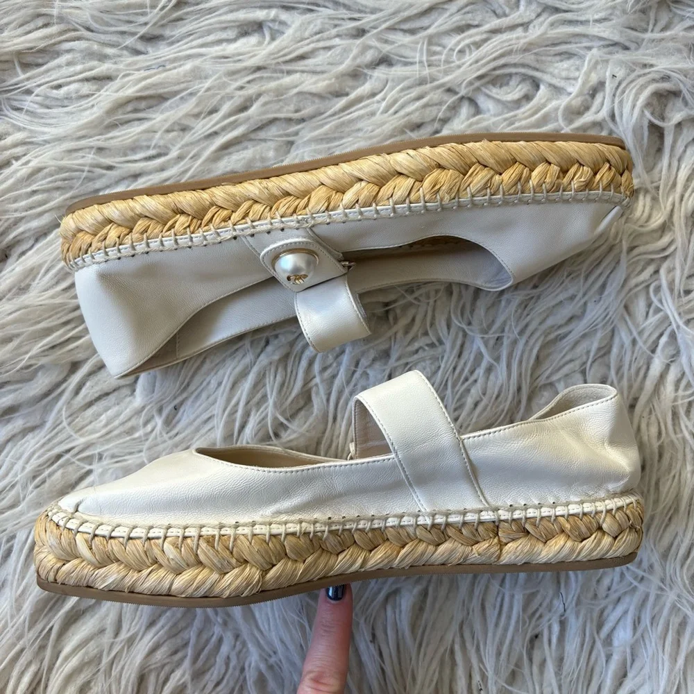 Jimmy Choo Fayence Pearl White Leather Mary Jane Ballerina Espadrilles EUC Sz 38